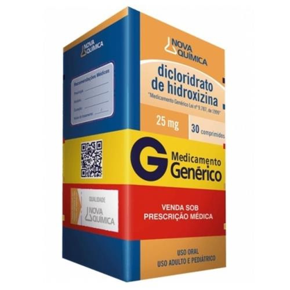 Dicloridrato de Hidroxizina 25mg, caixa com 30 comprimidos