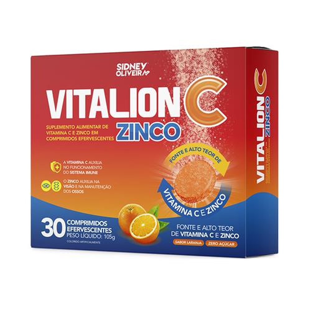 Vitamina C 1G + Zinco 10Mg Vitalion C 30 Comprimidos Efervescentes Sem Açúcar Sidney Oliveira