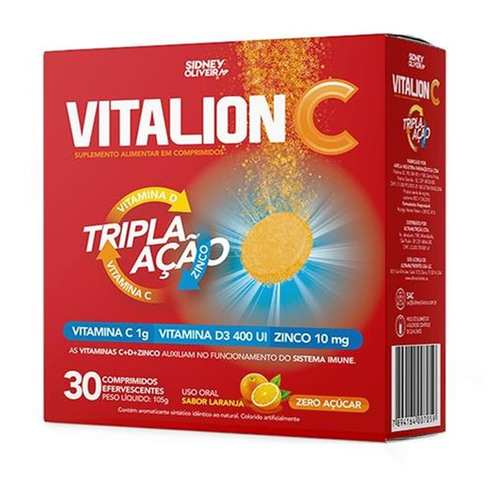 Vitamina C 1G + D3 400 Ui + Zinco 10Mg - Vitalion C Tripla Ação 30 Comprimidos Efervescentes Sidney Oliveira*