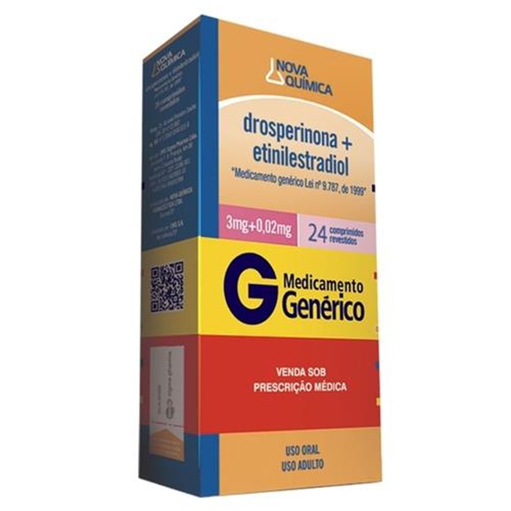 Drospirenona + Etinilestradiol 3mg + 0,02mg, caixa com 24 comprimidos revestidos