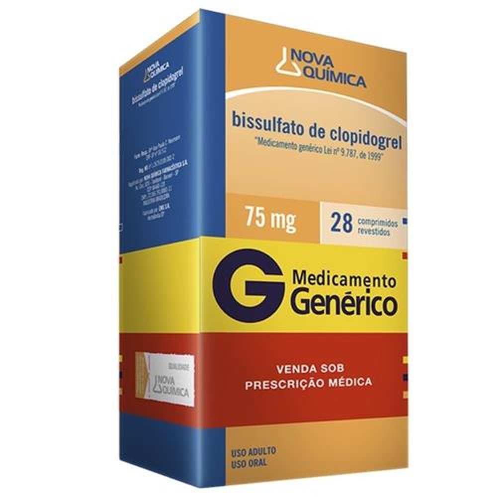 Bissulfato de Clopidogrel 75mg, caixa com 28 comprimidos revestidos