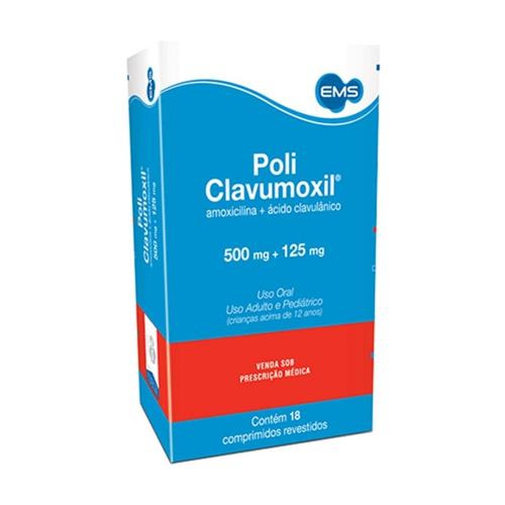 Policlavumoxil 500mg + 125mg, caixa com 18 comprimidos revestidos