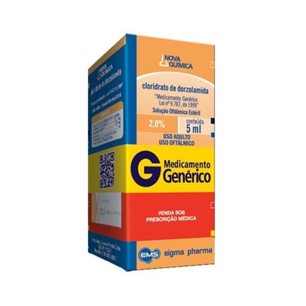 Cloridrato de Dorzolamida 20mg, caixa com 1 frasco gotejador com 5mL de solução de uso oftálmico