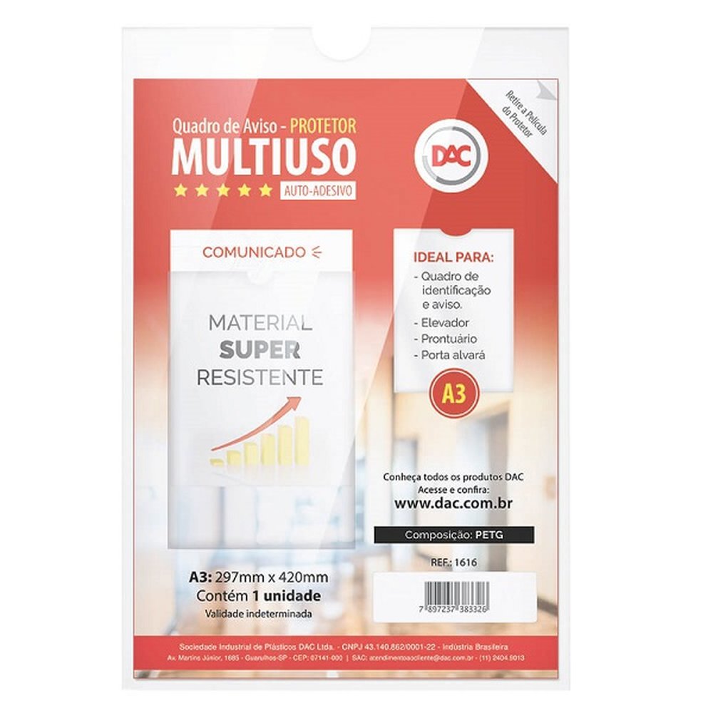 Quadro de aviso Dac Protetor Multiuso A3 acrílico - embalagem com 5 unidades