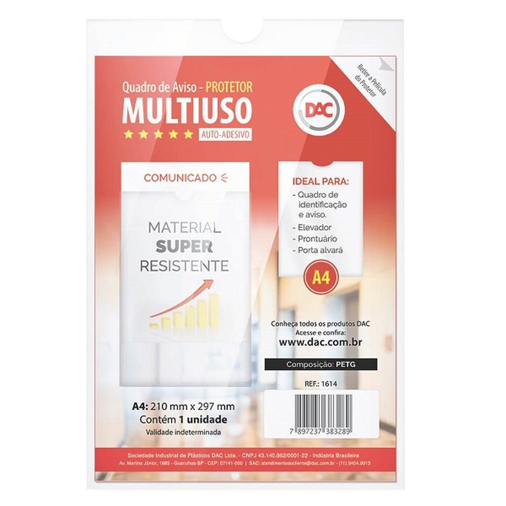 Quadro de aviso Dac Protetor Multiuso A4 acrílico - embalagem com 5 unidades