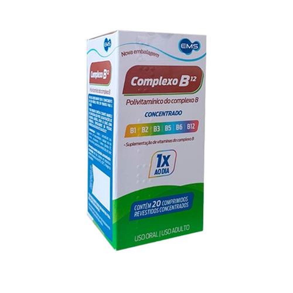 Complexo B 12 EMS 32,65mg + 3,3mg + 10mg + 50mg + 25mg + 15mcg, caixa com 20 comprimidos revestidos