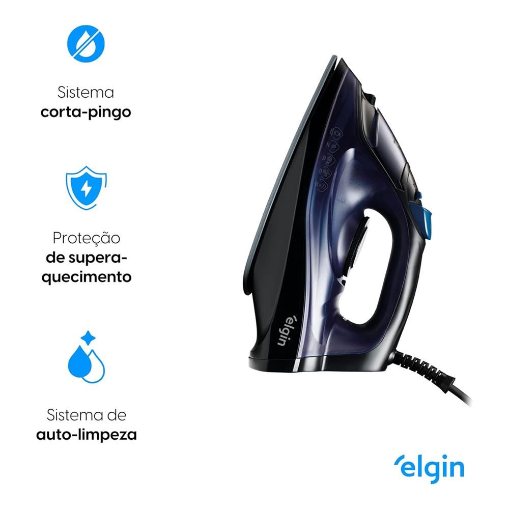 Ferro de Passar a Vapor Iron Glide Elgin Sistema corta-pingo Vapor Turbo Preto e Azul 1200W 110V
