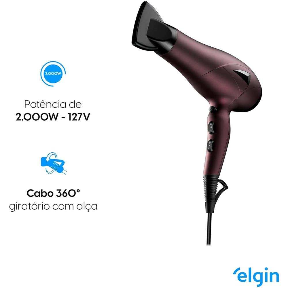 Secador de Cabelos Super Íon Pro Elgin Profissional 2000W Cabo 2,8 metros giratório 360° 110V