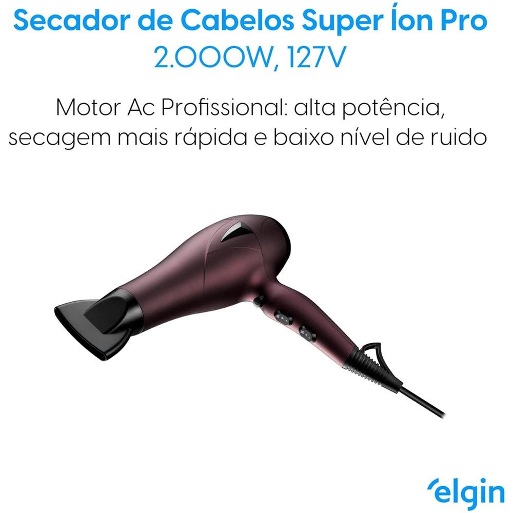 Secador de Cabelos Super Íon Pro Elgin Profissional 2000W Cabo 2,8 metros giratório 360° 110V