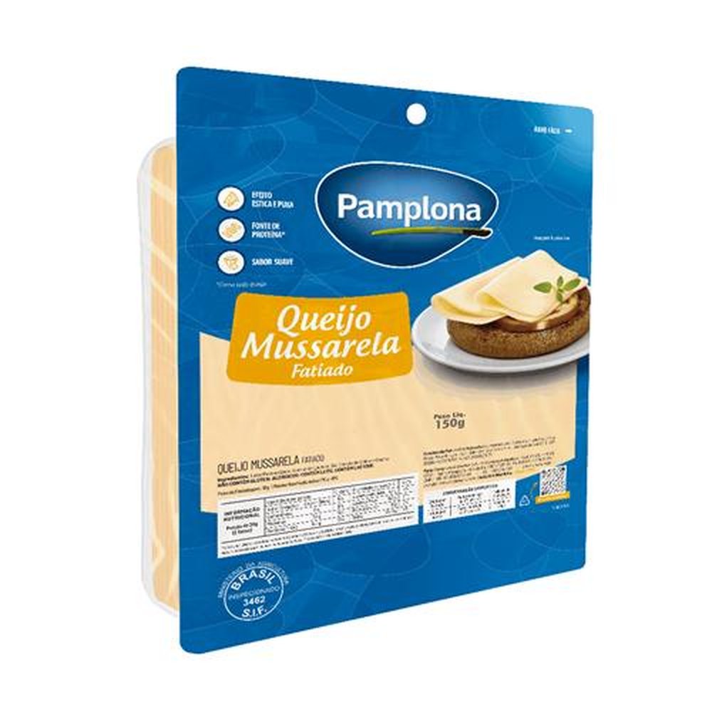Queijo Mussarela Fatiado 150g Pamplona - Embalagem com 12 und. - Peso 1,8kg