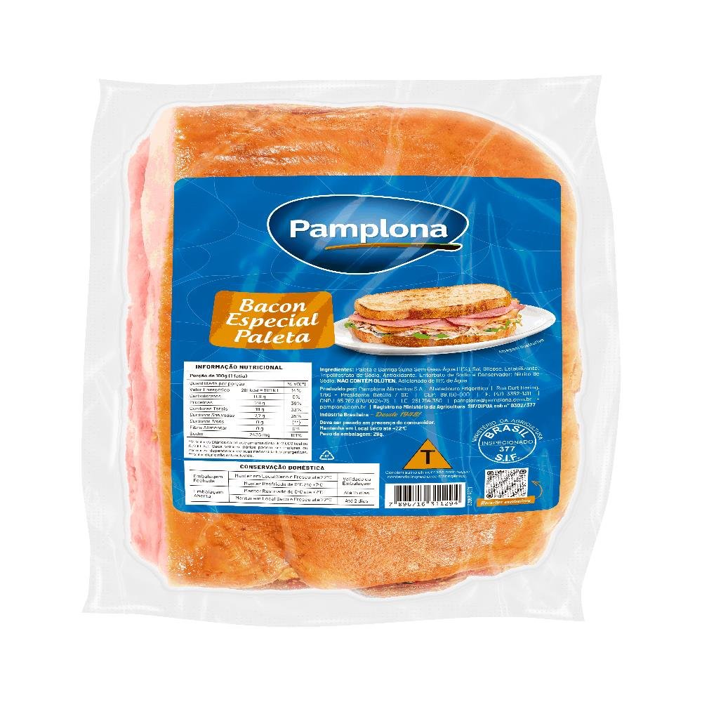 Bacon Especial Paleta 1kg Pamplona - Embalagem com 14 até 19 und. - Peso 10kg