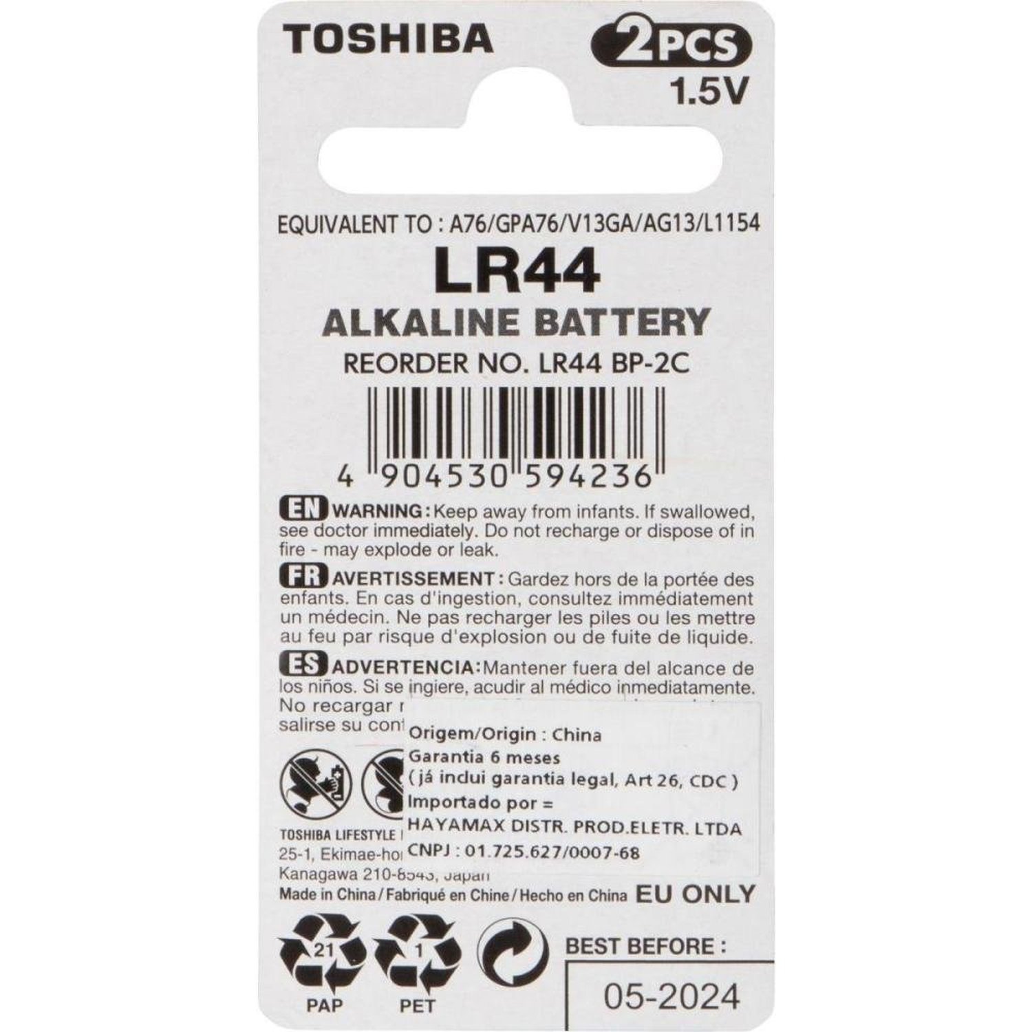 Pilha Botão Alcalina LR44 Toshiba - Cartela com 2 pilhas