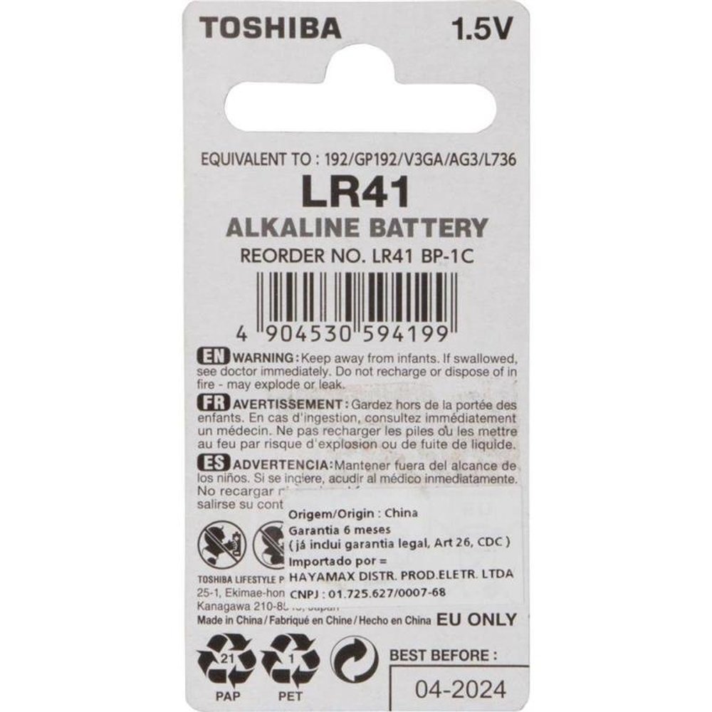 Pilha Botão Alcalina LR41 Toshiba - Cartela com 1 pilha