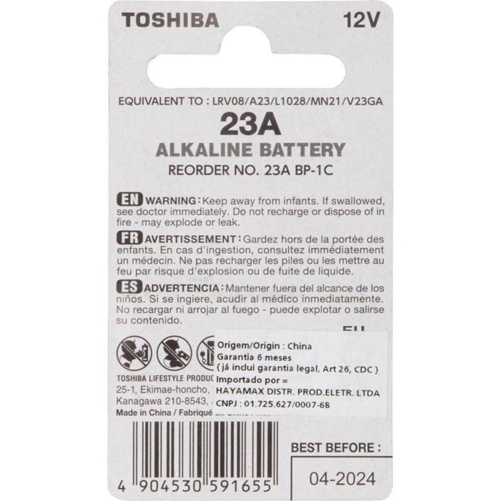 Pilha Alcalina 12V 23A Toshiba - Cartela com 1 pilha