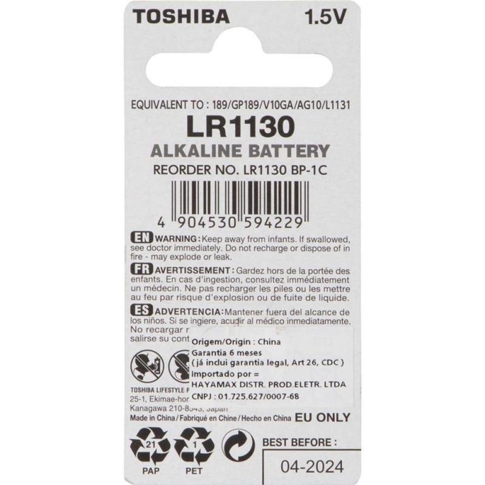 Pilha Botão Alcalina LR1130 Toshiba - Cartela com 1 pilha