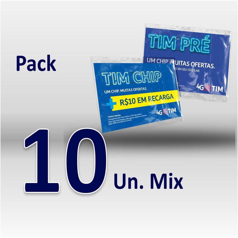 Chip TIM Pré-Pago - Pack 10 Chips (7 Sem Recarga + 3 Com Recarga R$ 10,00)