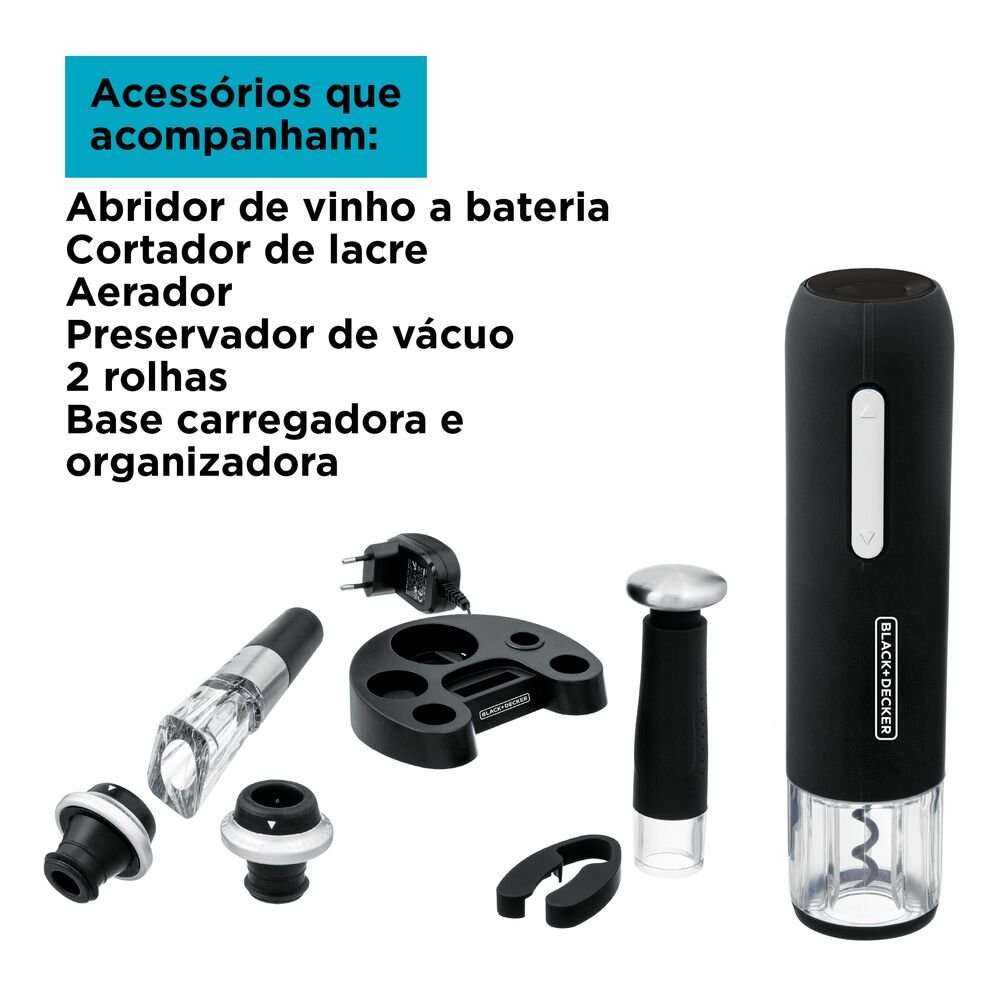 Kit Abridor de Vinho Recarregável com entrada Usb e Com Preservador Black+Decker W20BR