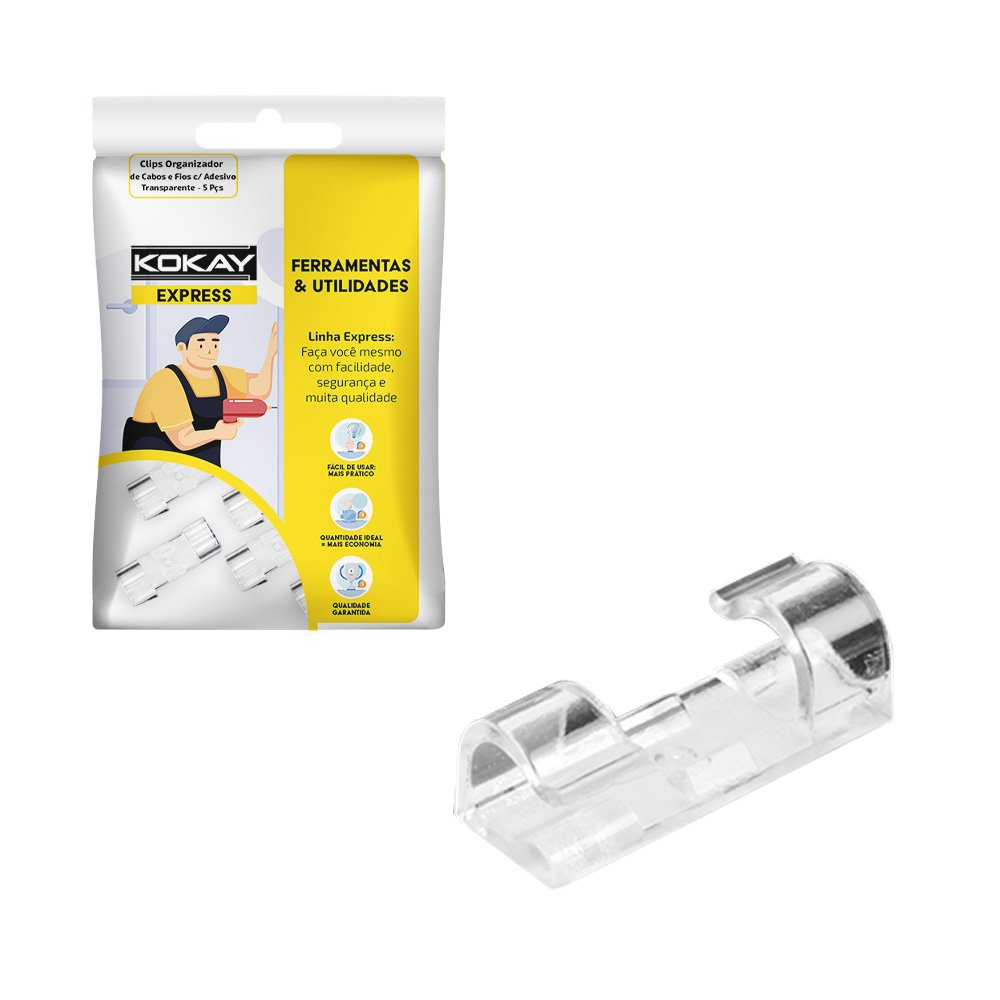 Clips Organizador de Cabos e Fios C/ Adesivo Transparente - C/5 Pcs