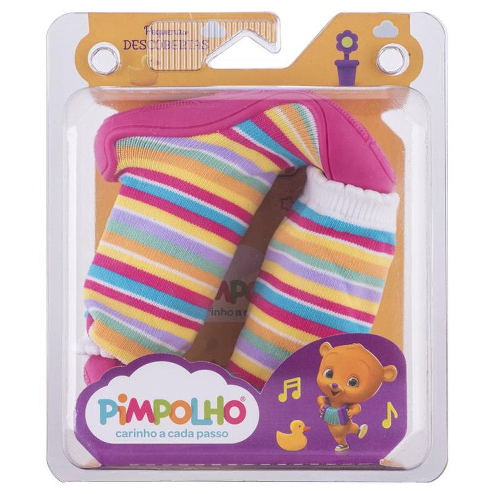 Kit Meia Com Sola Infantil Cano Médio Listras Coloridas Feminina Pimpolho Grade 8 Pares - Numeração 17 A 22