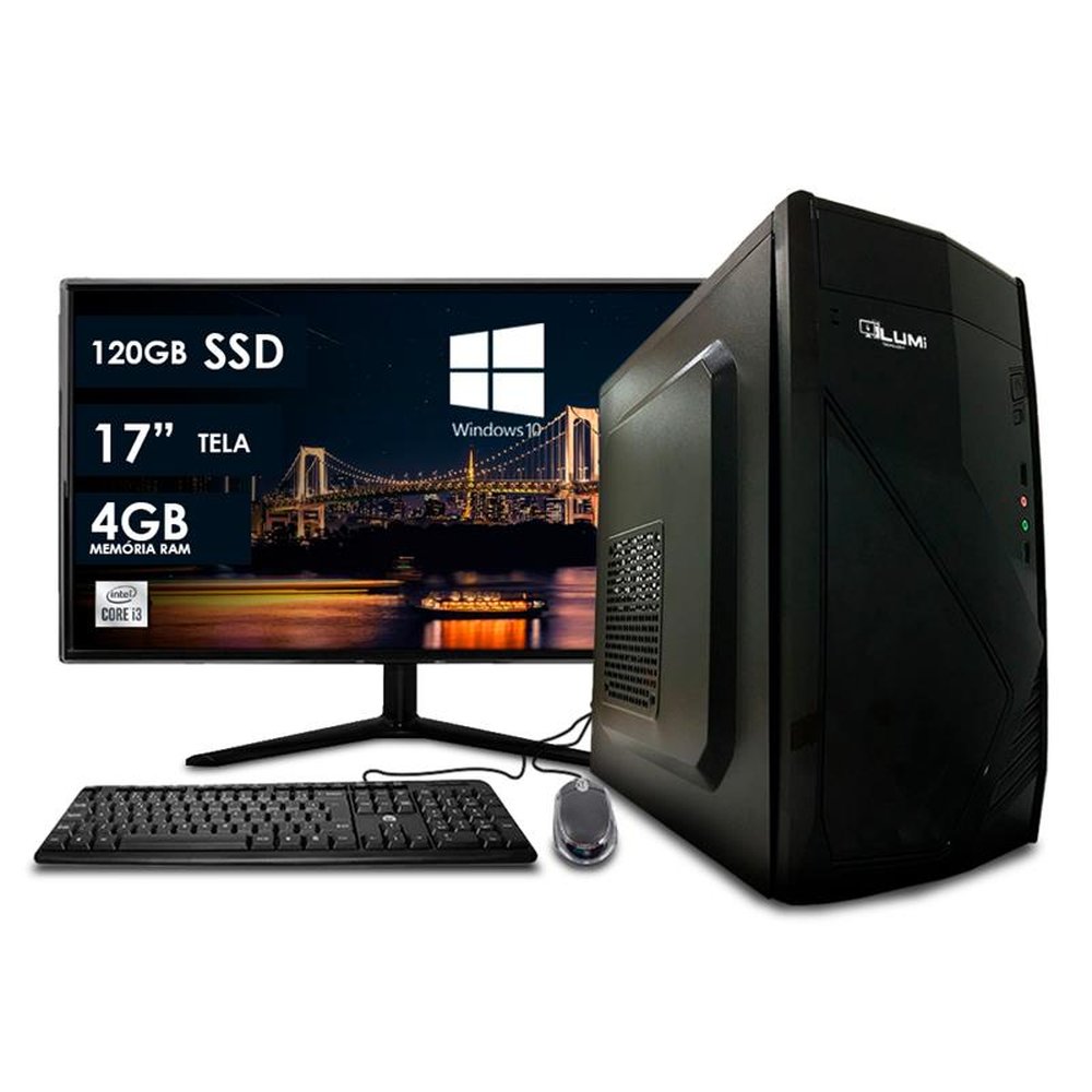 Computador Desktop + Monitor LCD 17¿ Intel Core i3 4GB 120GB SSD Windows 10 + Teclado e Mouse - Lumitec