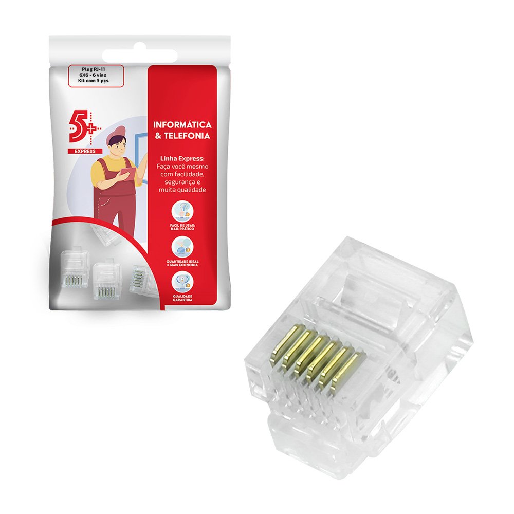 Plug Rj-11 6x6 - 6 Vias - Kit Com 5 Pcs