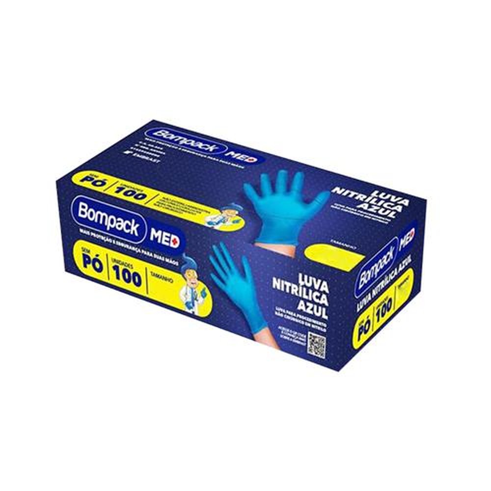 Luva Azul Nitrilica Bompack Tamanho XG Caixa com 100 Unidades