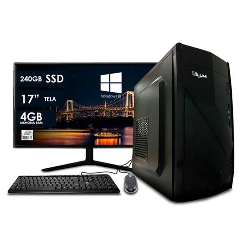 Computador Desktop + Monitor LCD 17¿ Intel Core i3 4GB 240GB SSD Windows 10 + Teclado e Mouse - Lumitec