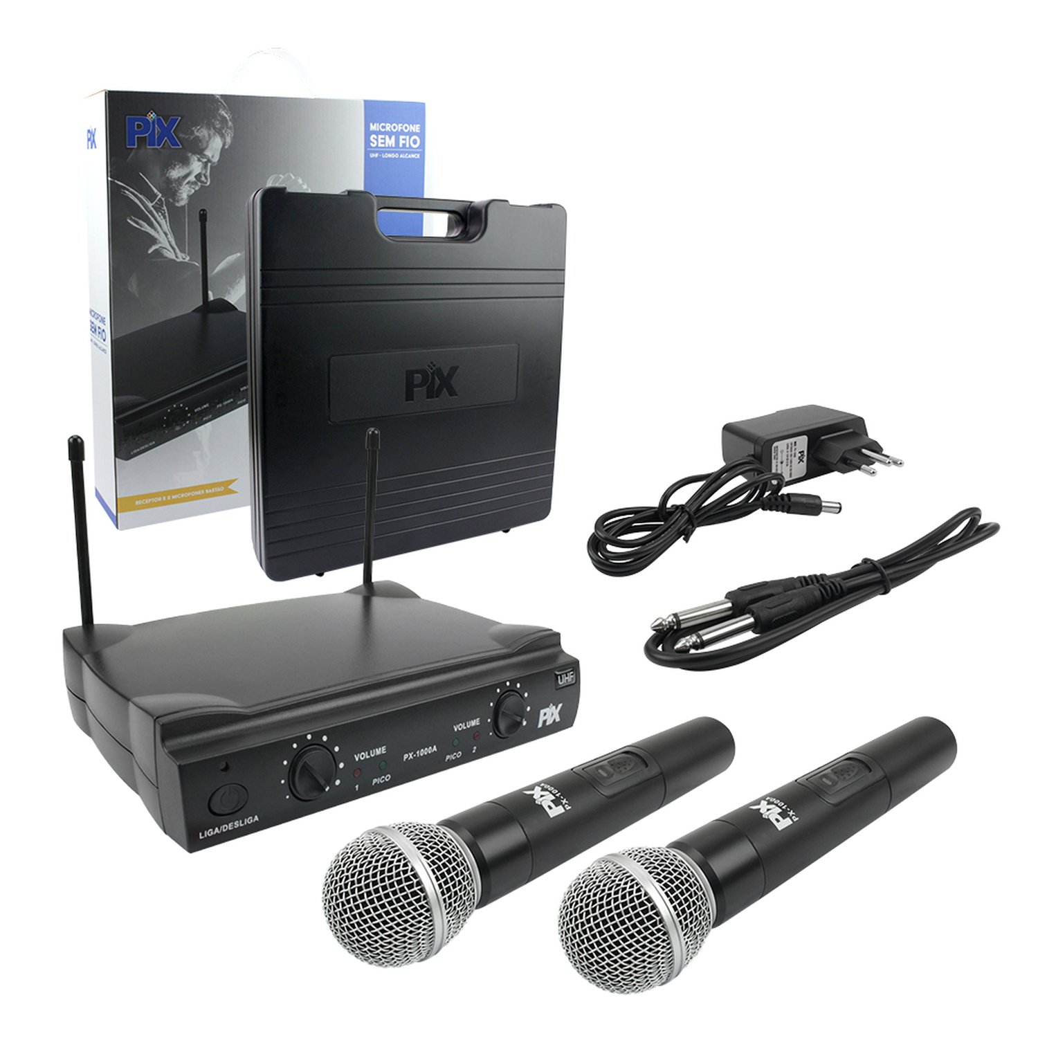 Microfone Sem Fio Com Receptor E 2 Microfones Bastao 614,50 + 641,00 MHz