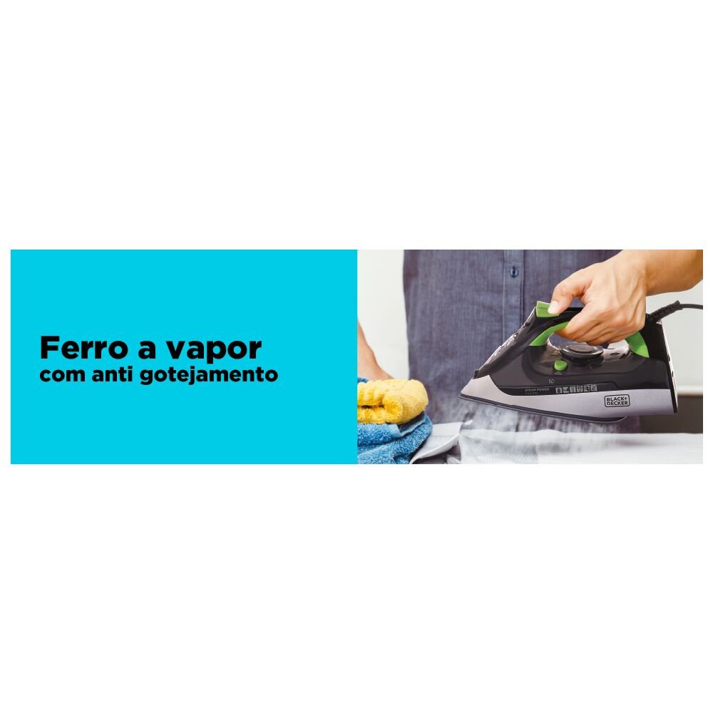 Ferro De Passar Roupa A Vapor Black + Decker Antigotejamento 220V 1200W Preto/Verde - Fx2700-B2