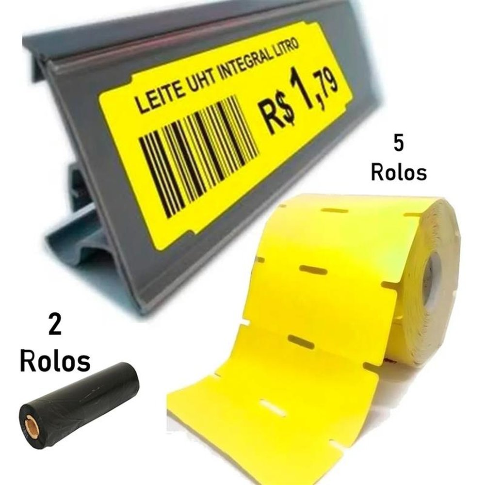 Kit 5 Etiquetas + 2 Ribbons Tag Para Gondola Amarelo 100x30 mm 30 Metros Cada