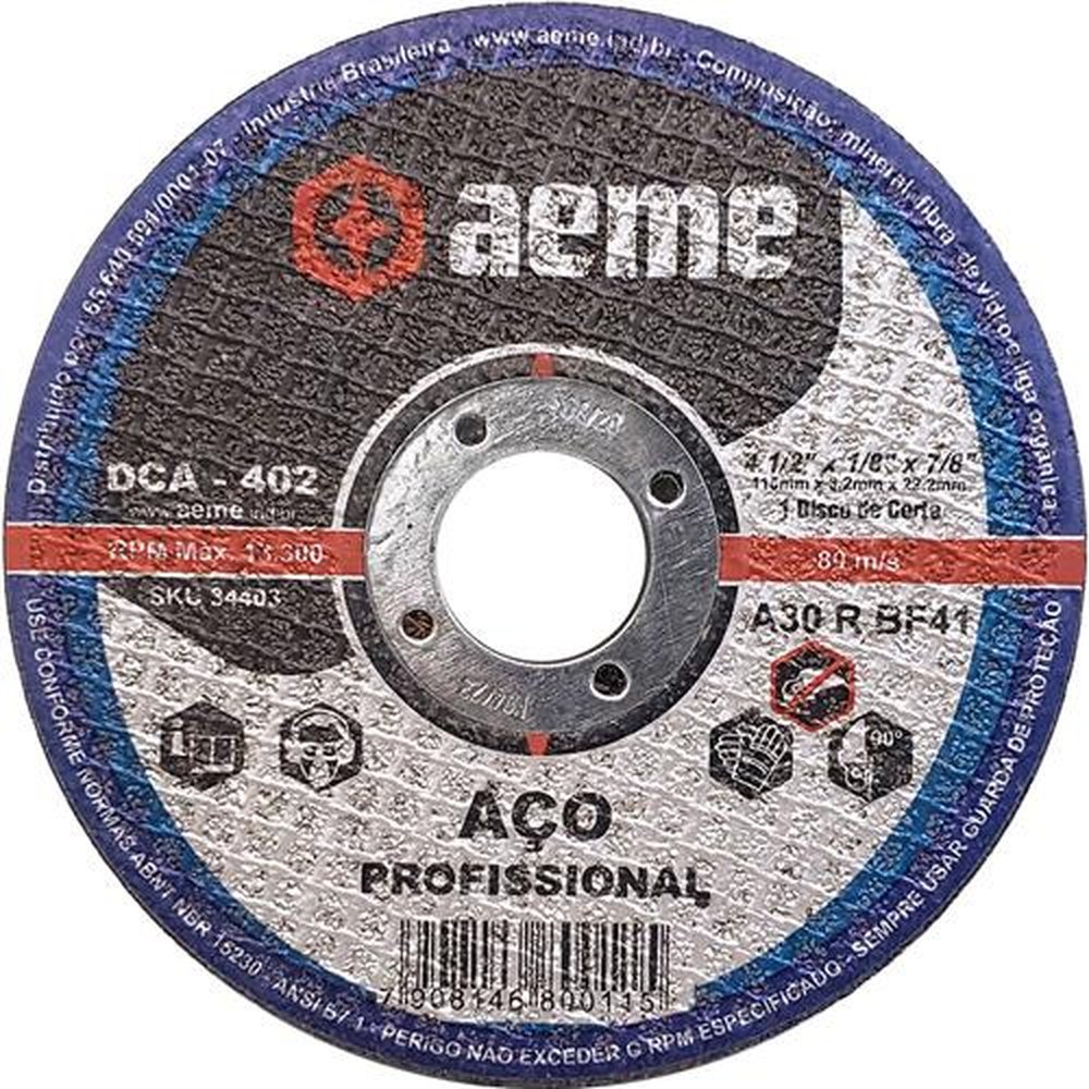 Disco de Corte Aeme para Aço DCA 402 4.1/2" x 1/8" x 7/8"