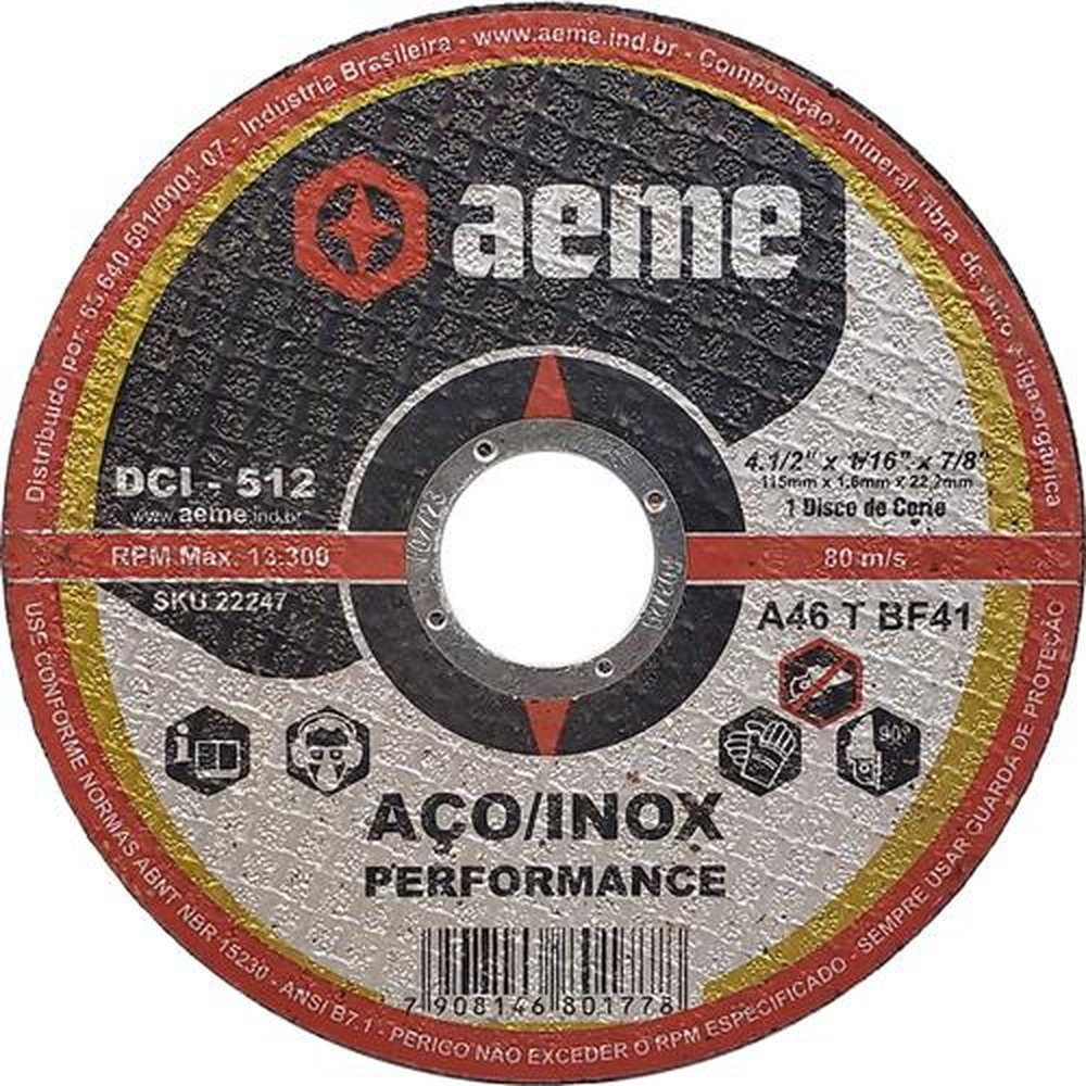 Disco de Corte Aeme para Inox DCI 512 4.1/2" x 1/16" x 7/8"
