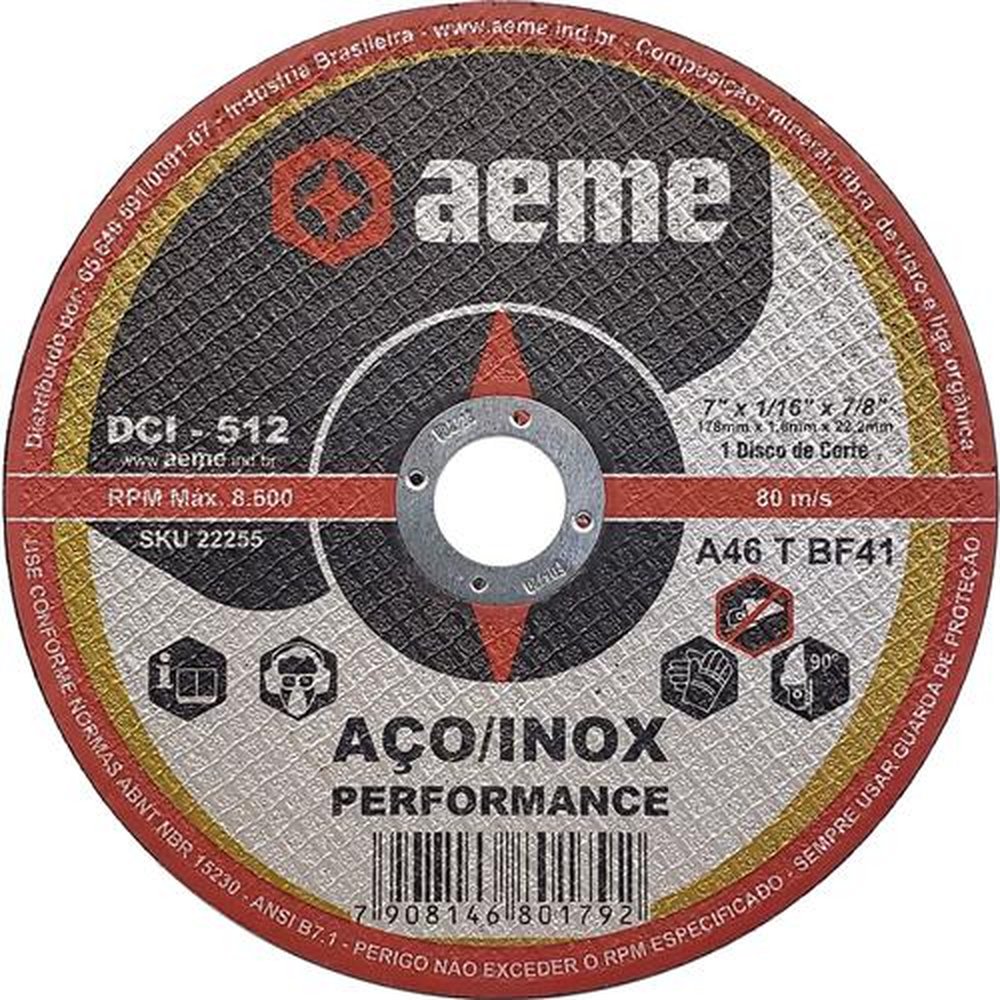 Disco de Corte Aeme para Inox DCI 512 7" x 1/16" x 7/8"