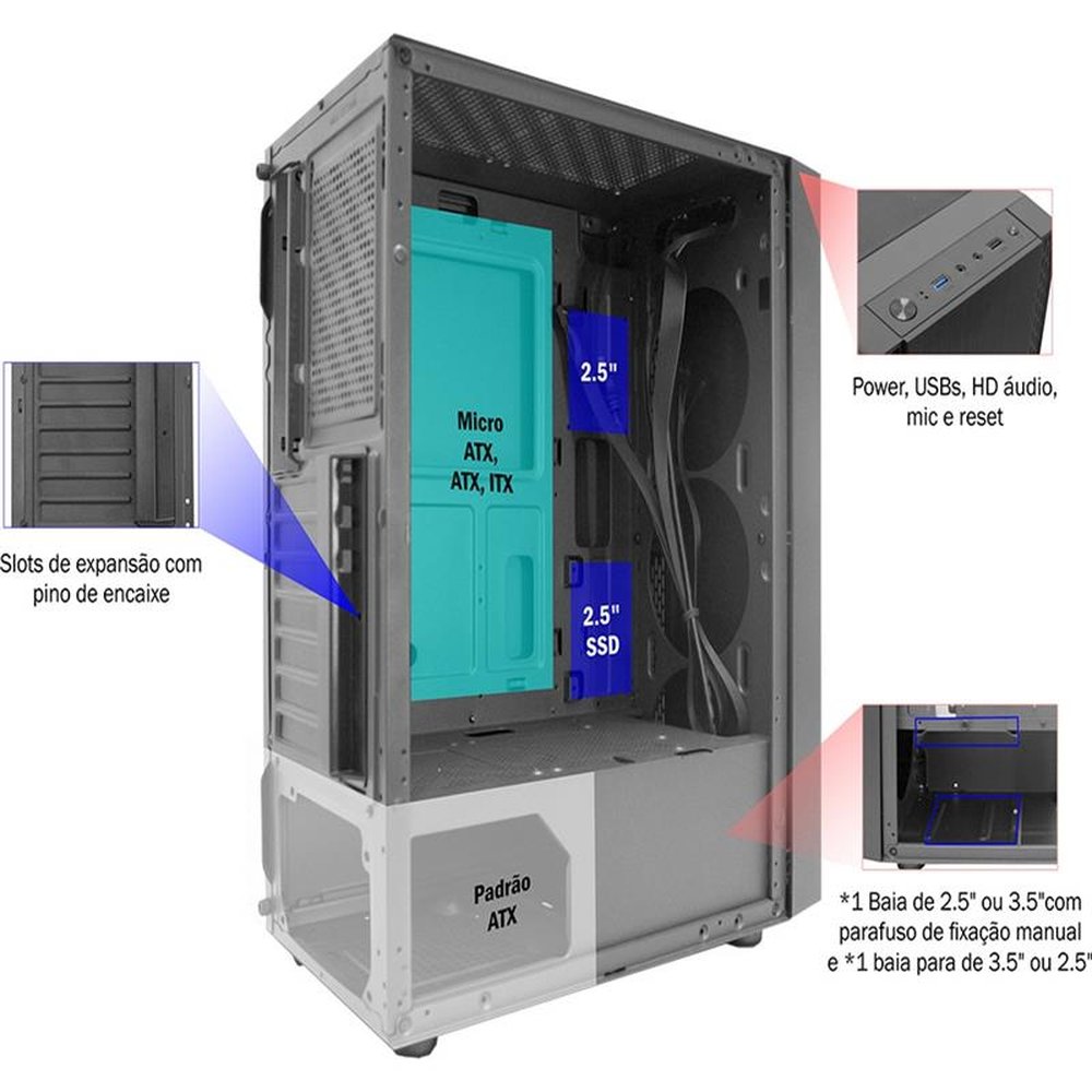 Gabinete gamer k-mex pantera iii cg-b1z5 preto - cgb1z5rh011cb0x
