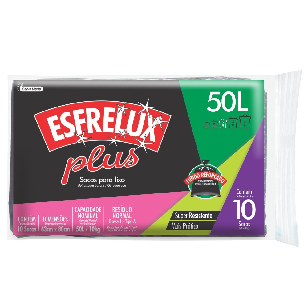 Saco Para Lixo Esfrelux Reforçado Com 50 Litros Em Almofada Com 10 Unidades