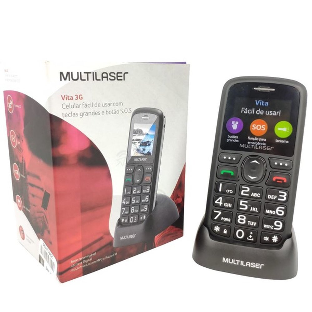Celular do Idoso Vita 3G Dual + Base Botão SOS Fácil Uso P9091 - Multilaser Preto