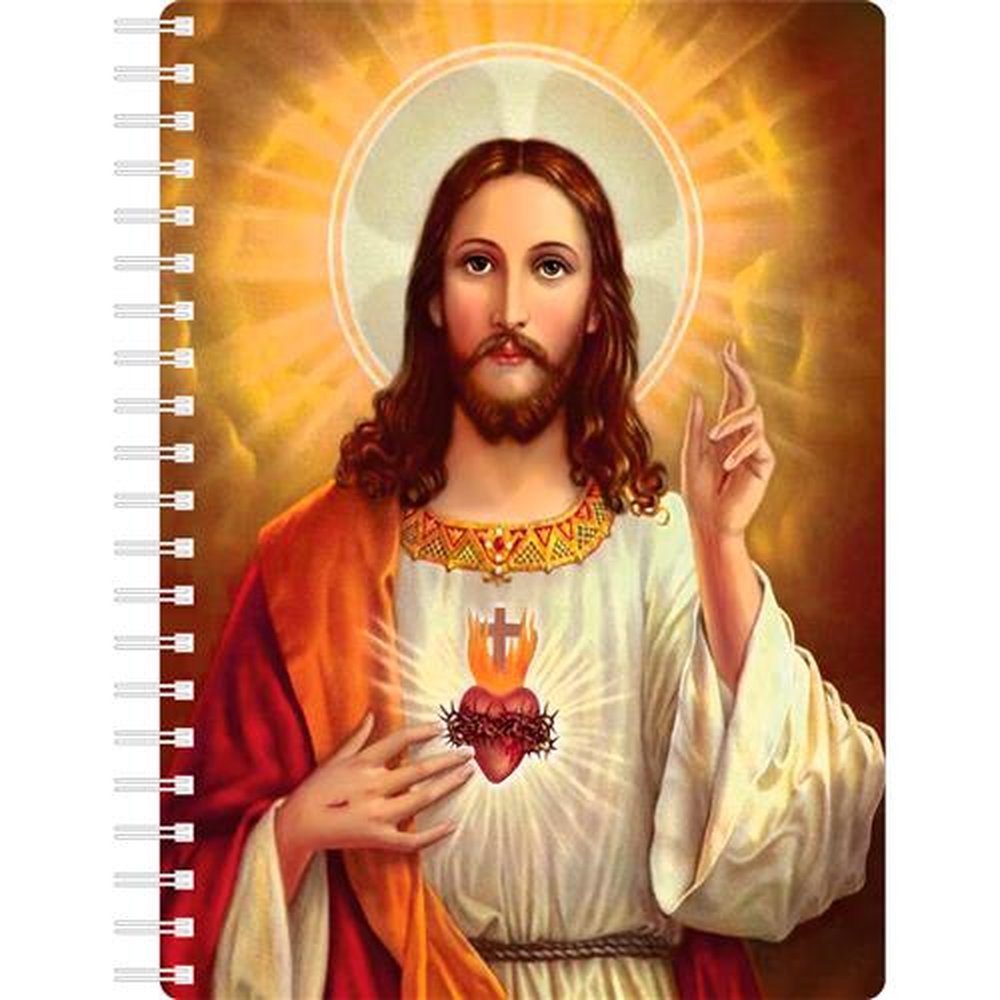 Caderno Escolar Saga Capa em Led 3D com Impressão em Flip Imagem Sagrado Coração de Jesus e Sagrado Coração de Maria Espiral com 10 matér