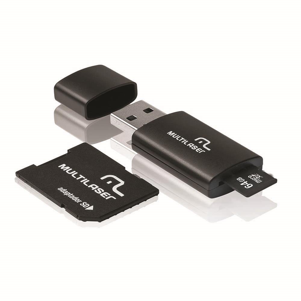 Kit 3 em 1 Pendrive + Adaptador SD + Cartão De Memória Classe 10 64GB Preto Multilaser - MC115