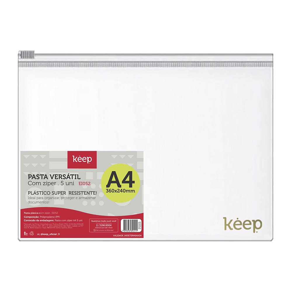 Pasta Zíper Versátil Cristal A4 360x240mm 5 unidades Keep - EI052