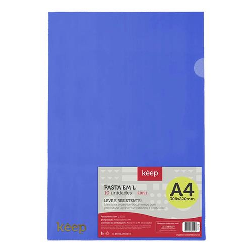 Pasta Plastica Em L A4 Azul Com 10 Unidades Keep - EI051