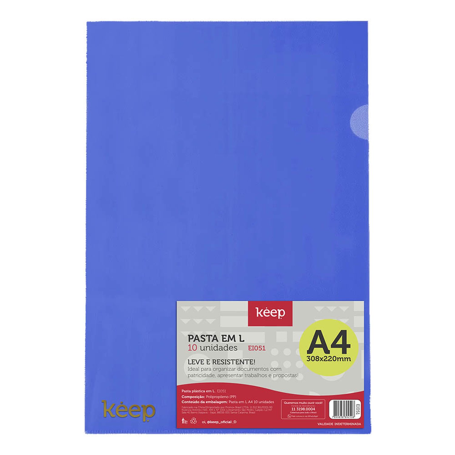 Pasta Plastica Em L A4 Azul Com 10 Unidades Keep - EI051
