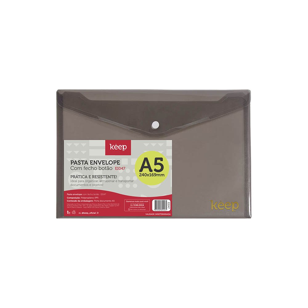 Pasta Envelope A5 Fecho Botão Fumê Keep - EI047