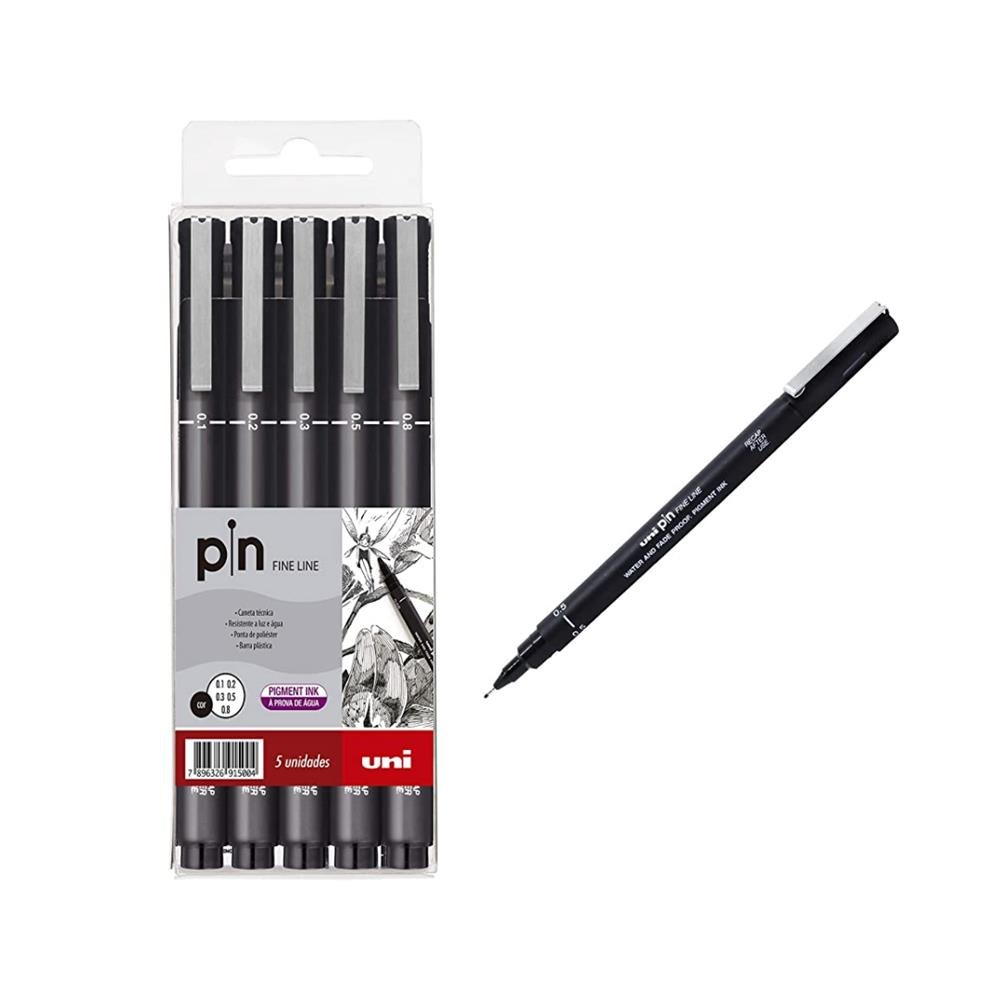 Caneta Técnica Pin Fine Line Uni-Ball Preta Estojo Com 5 Unidades
