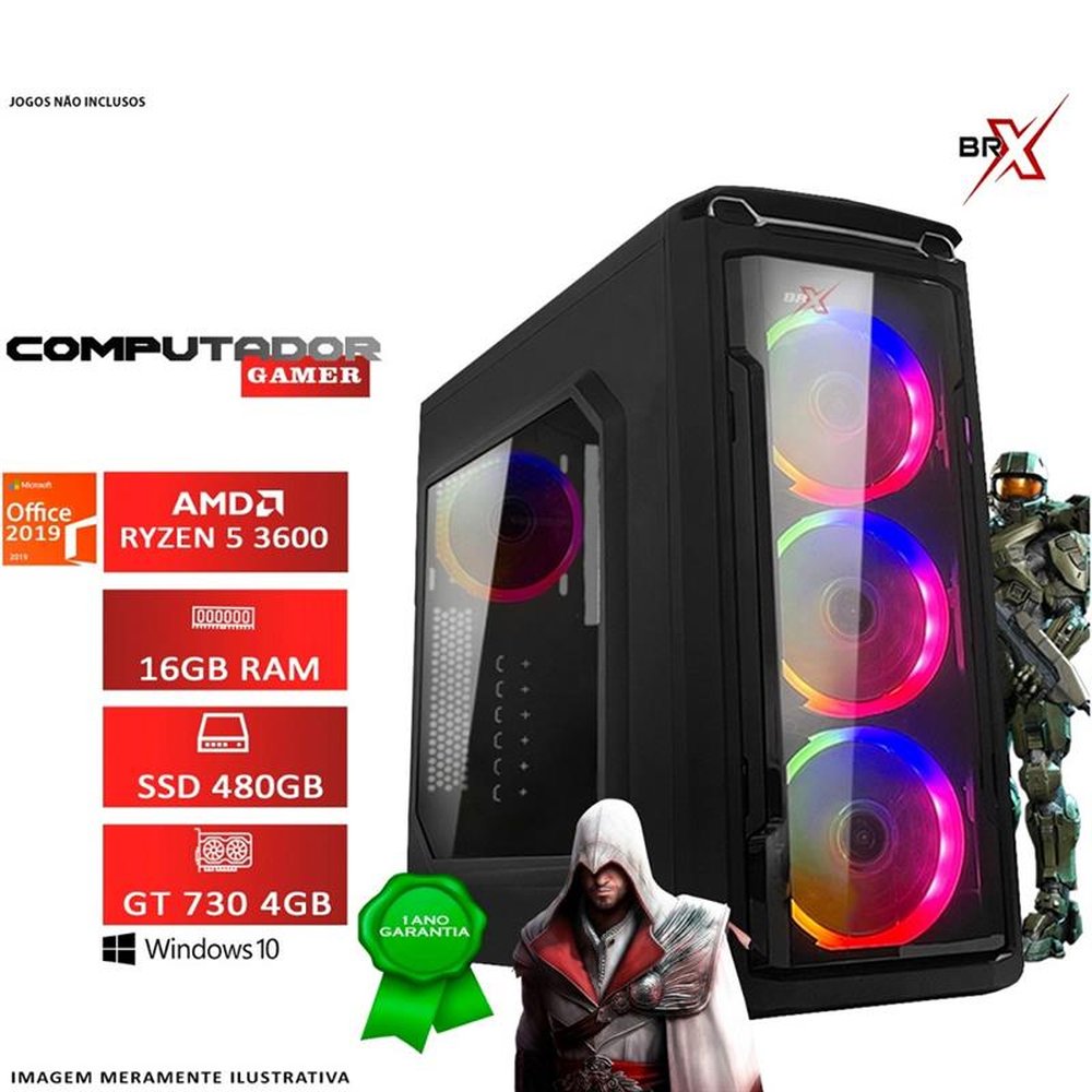 Computador Gamer AMD Ryzen 5 3600G 16GB SSD 480GB VGA GT730 4GB 800W 80 Plus Win10 Office 2019 - BRX