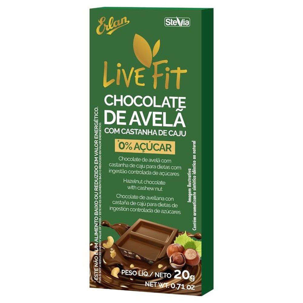 Tablete Chocolate Avelã com Castanha Zero Açúcar LiveFit Embalagem com 48 Unidades de 20g Cada