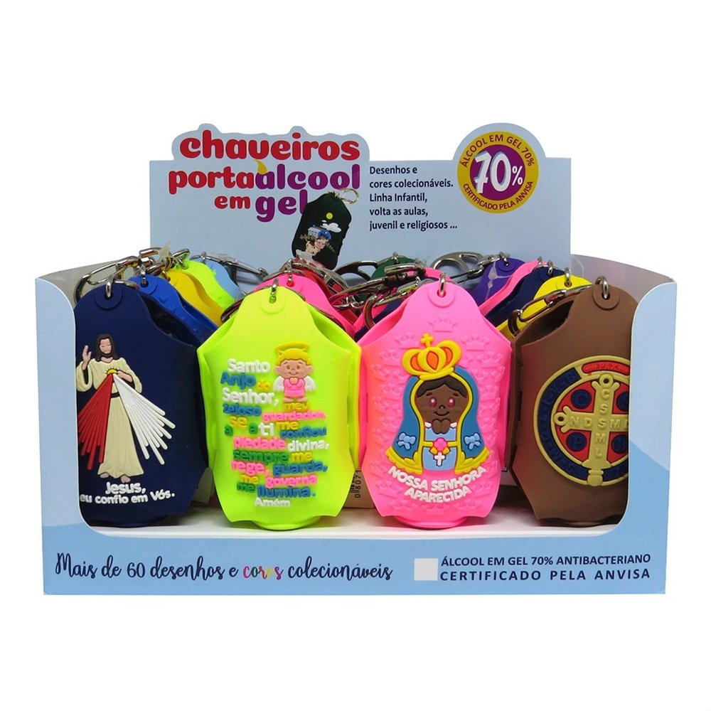 Alcool Gel Asseptgel em Chaveiro de Borracha Display com 20 Unidades Temas Religiosos