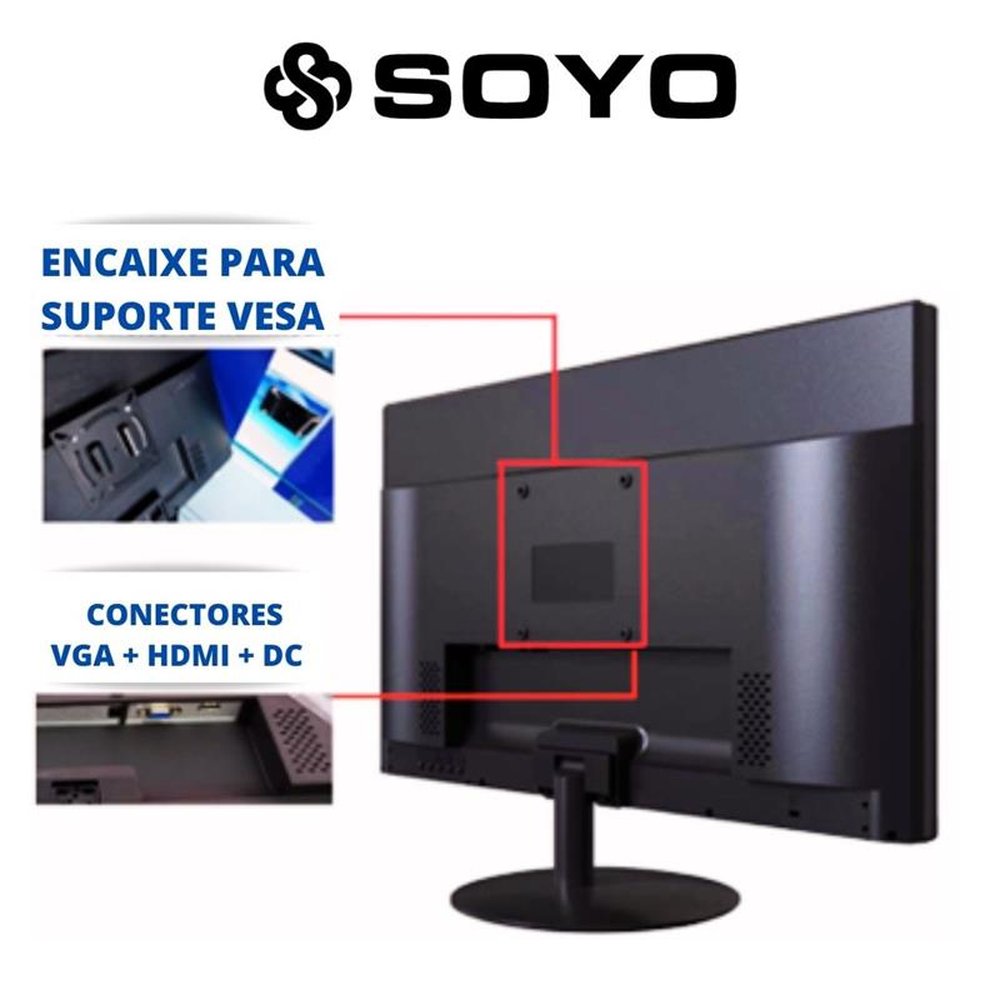 Monitor 18.5" Led HD, Alta Resolução, VGA + HMI + Vesa - Soyo