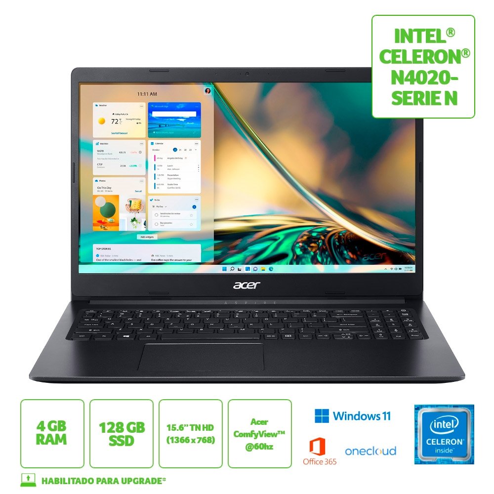 Notebook Acer Aspire 3, Tela de 15.6", Intel Celeron N4020, Windows 11, SSD 128GB, 4GB RAM, Preto