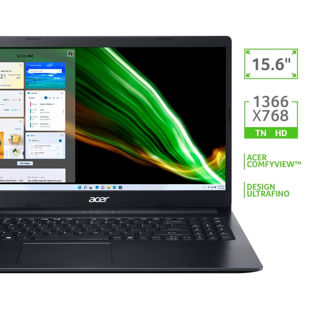 Notebook Acer Aspire 3, Tela de 15.6", Intel Celeron N4020, Windows 11, SSD 128GB, 4GB RAM, Preto