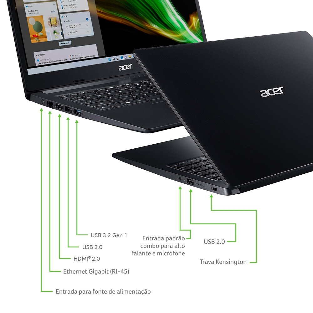 Notebook Acer Aspire 3, Tela de 15.6", Intel Celeron N4020, Windows 11, SSD 128GB, 4GB RAM, Preto